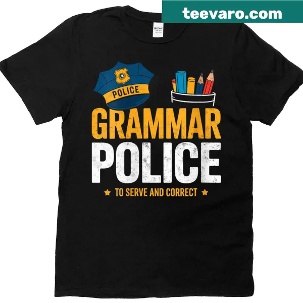 Humorous Grammar Police t-shirt designed for English teachers with bold text.