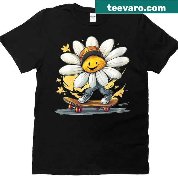 Happy skateboard design with daisies on a T-shirt