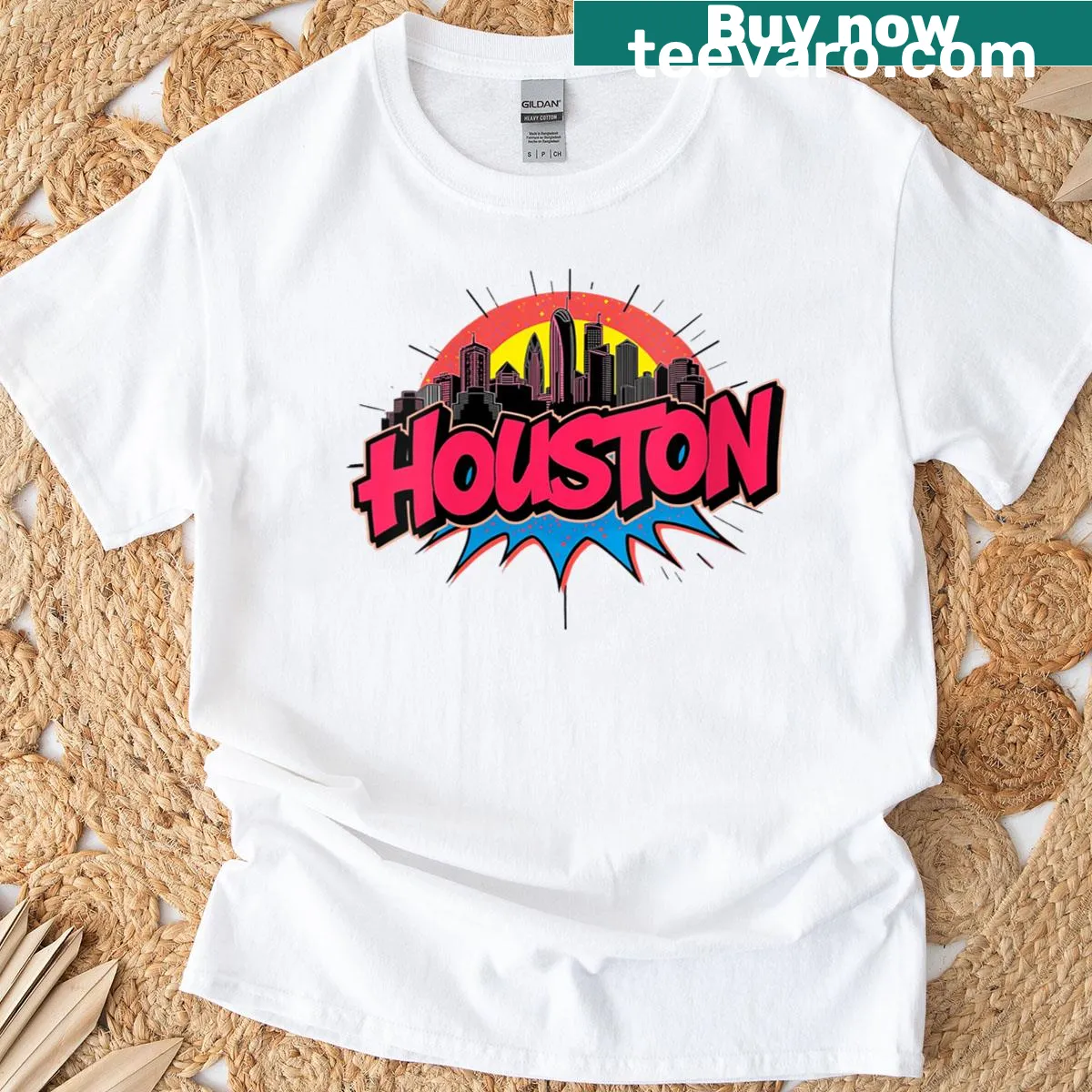 Vintage-style T-shirt featuring Houston skyline graffiti art — on a men's t-shirt
