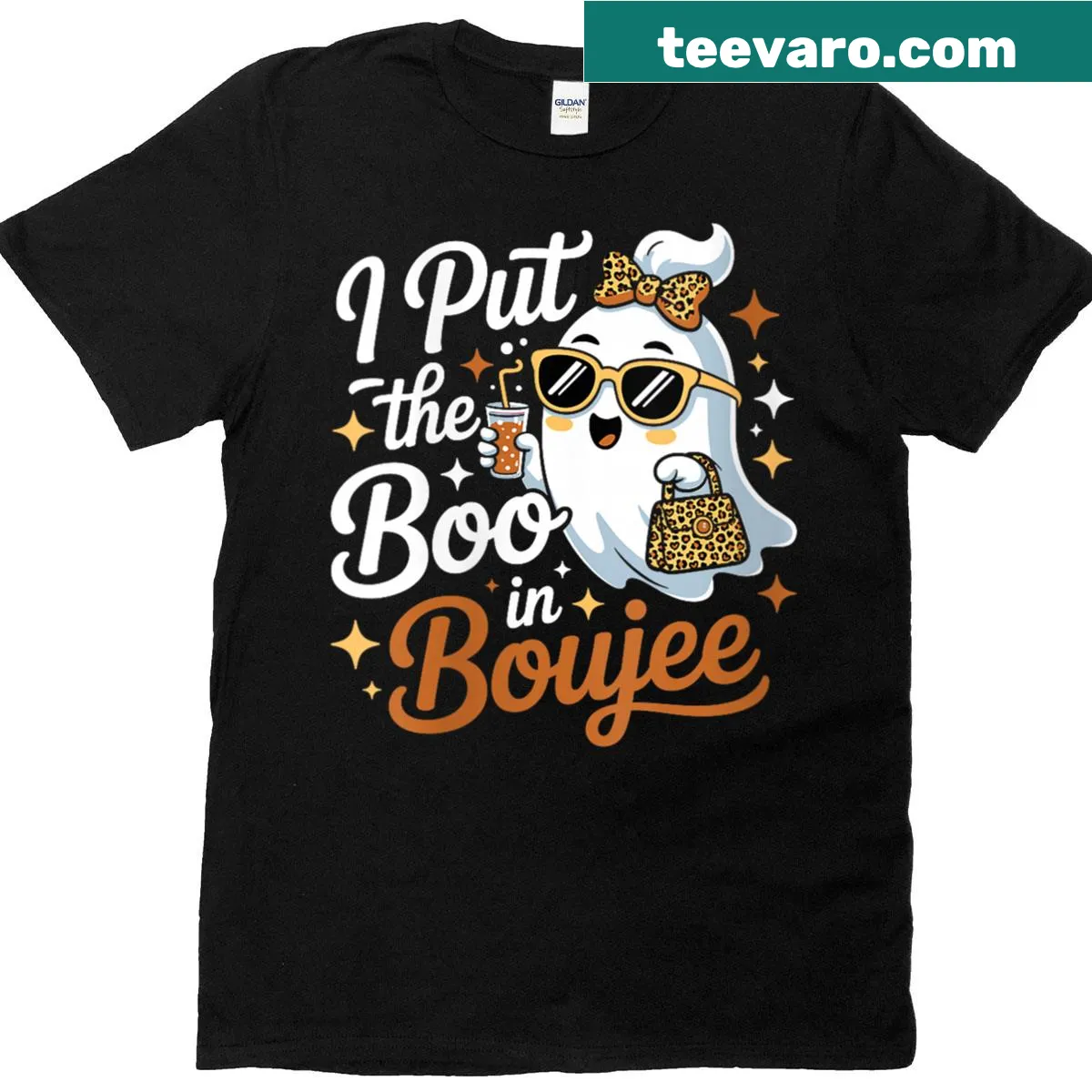 Halloween-themed T-shirt with 'I Put The Boo In Boujee' graphic — on a men's t-shirt