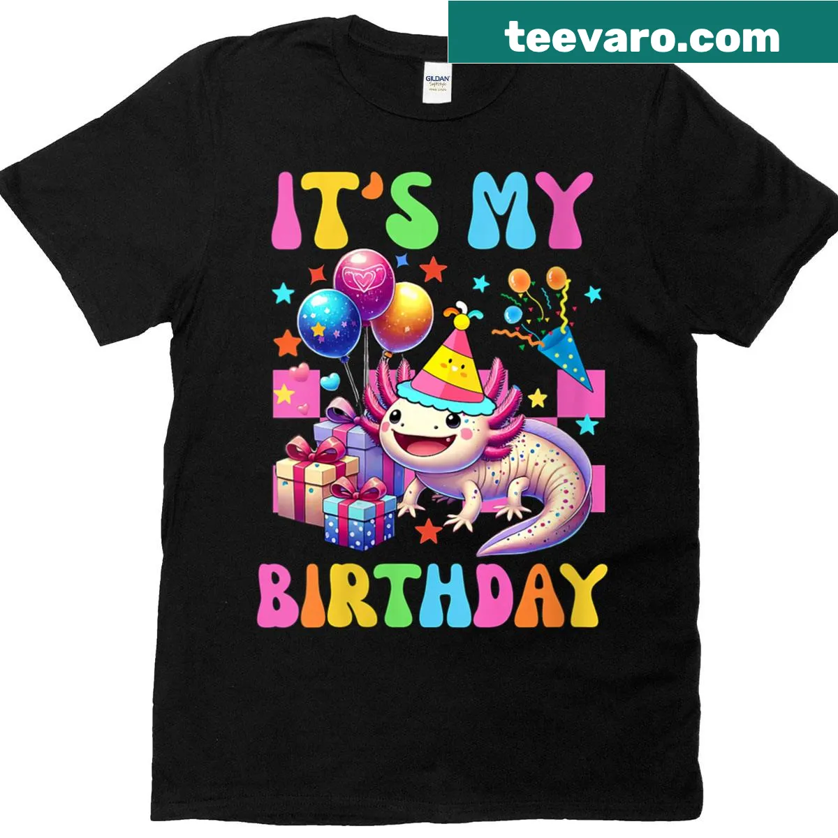 Cute axolotl graphic for a birthday t-shirt — on a men's t-shirt