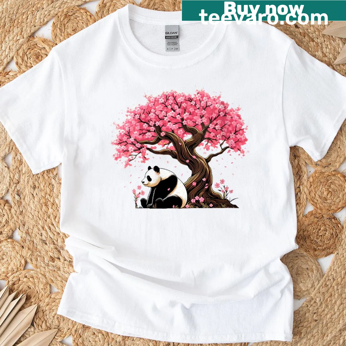 Kawaii art T-shirt featuring a panda with cherry blossoms for women — on a men's t-shirt