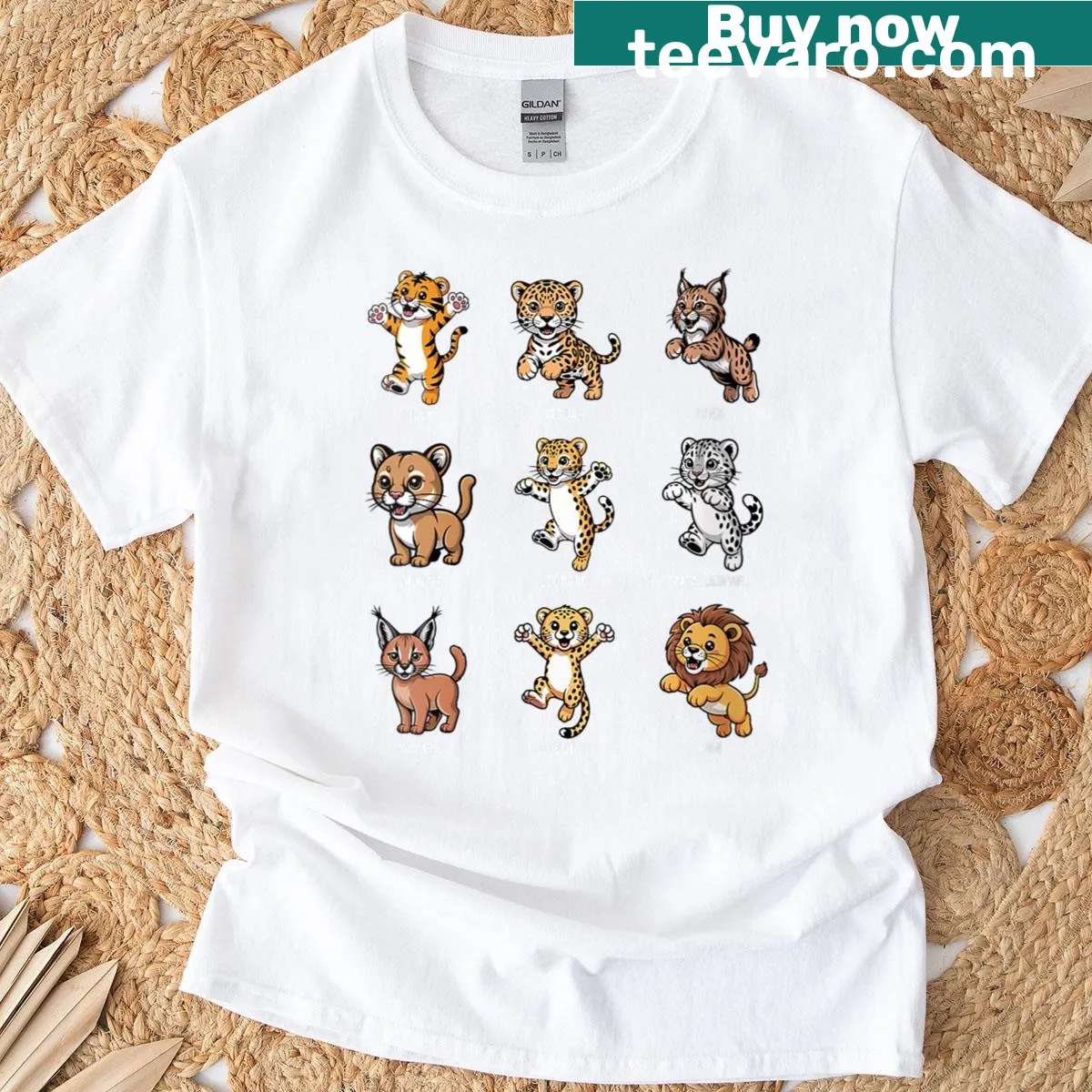 Cartoon big cats t-shirt featuring lion, tiger, cheetah, and leopard for women. — on a men's t-shirt