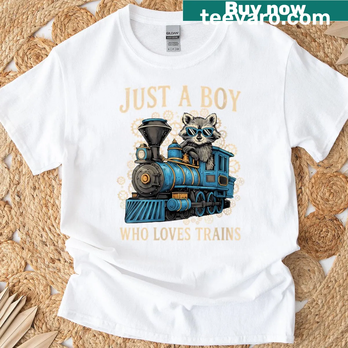 Cute raccoon with trains graphic on kids T-shirt — on a men's t-shirt