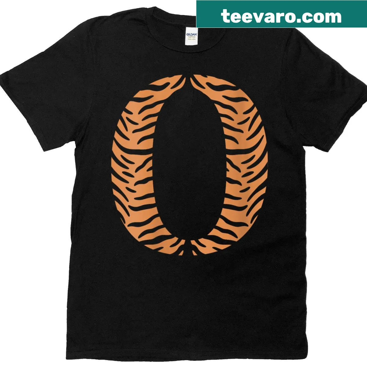 T-shirt featuring a Letter O design in tiger cat skin print — on a men's t-shirt
