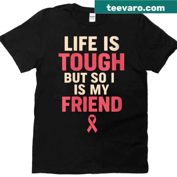 Inspirational t-shirt featuring a pink ribbon and supportive message