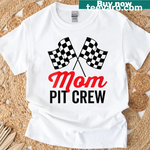 Graphic T-shirt for racing moms with a Pit Crew theme and checkered flags