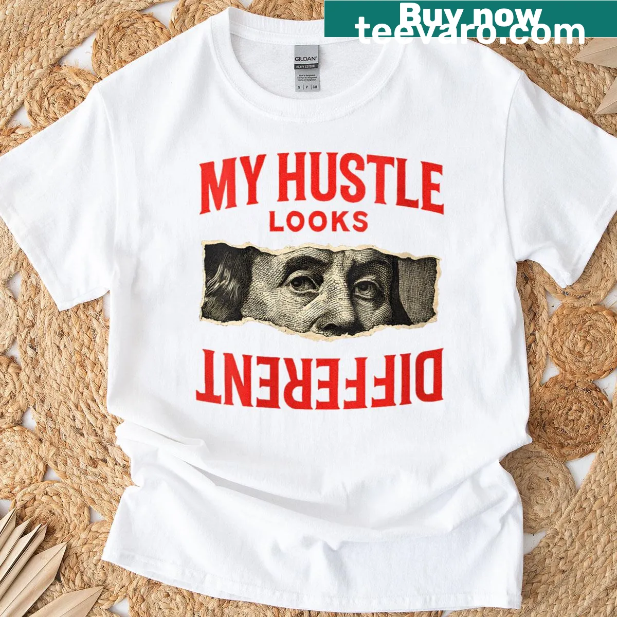 Bold graphic T-shirt with 'My Hustle Looks Different' text — on a men's t-shirt