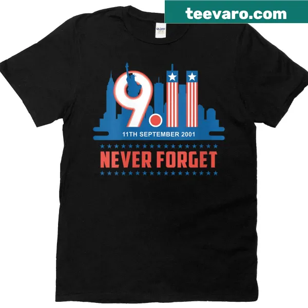 T-shirt featuring the American flag and 'Never Forget' text