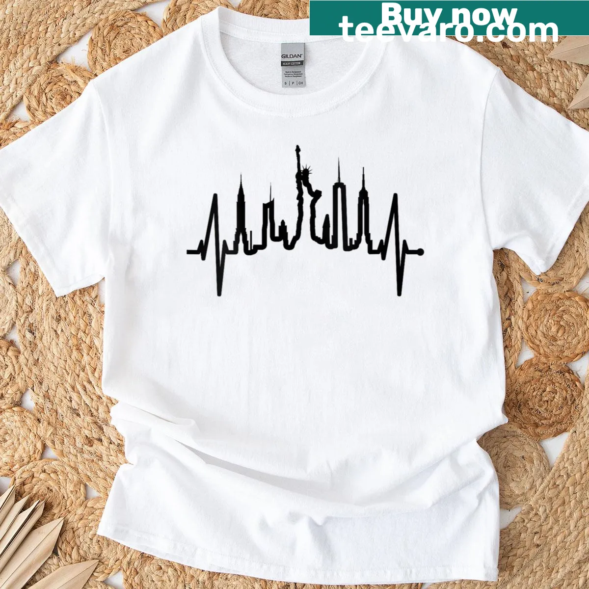 New York-themed T-shirt with a heartbeat graphic and Statue of Liberty silhouette — on a men's t-shirt