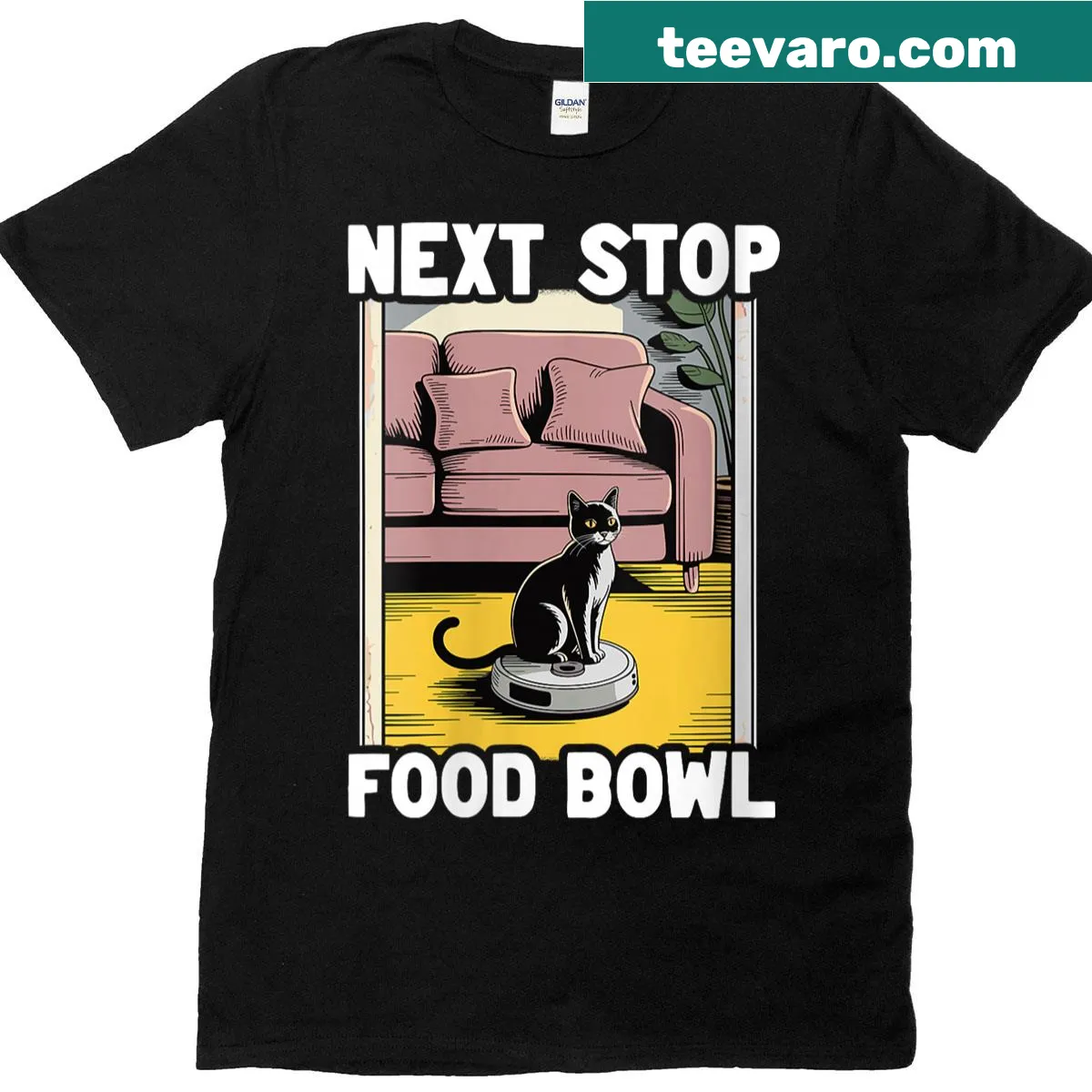Playful cat t-shirt with robot vacuum and food bowl graphic — on a men's t-shirt