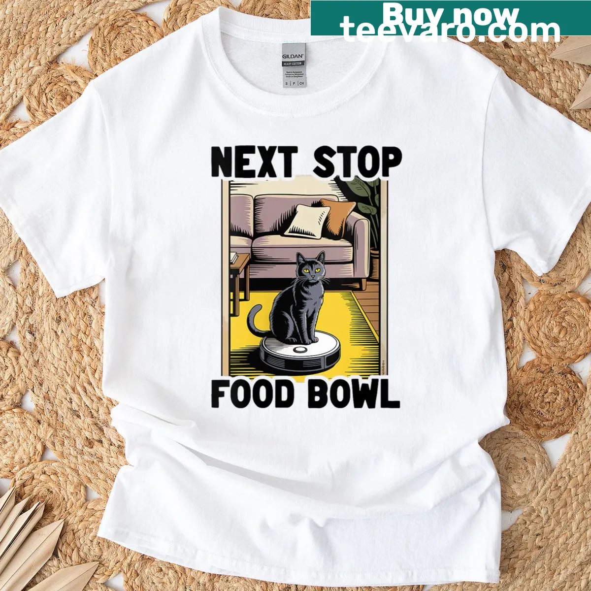 Funny T-shirt with robot vacuum and 'Next Stop: Food Bowl' graphic — on a men's t-shirt