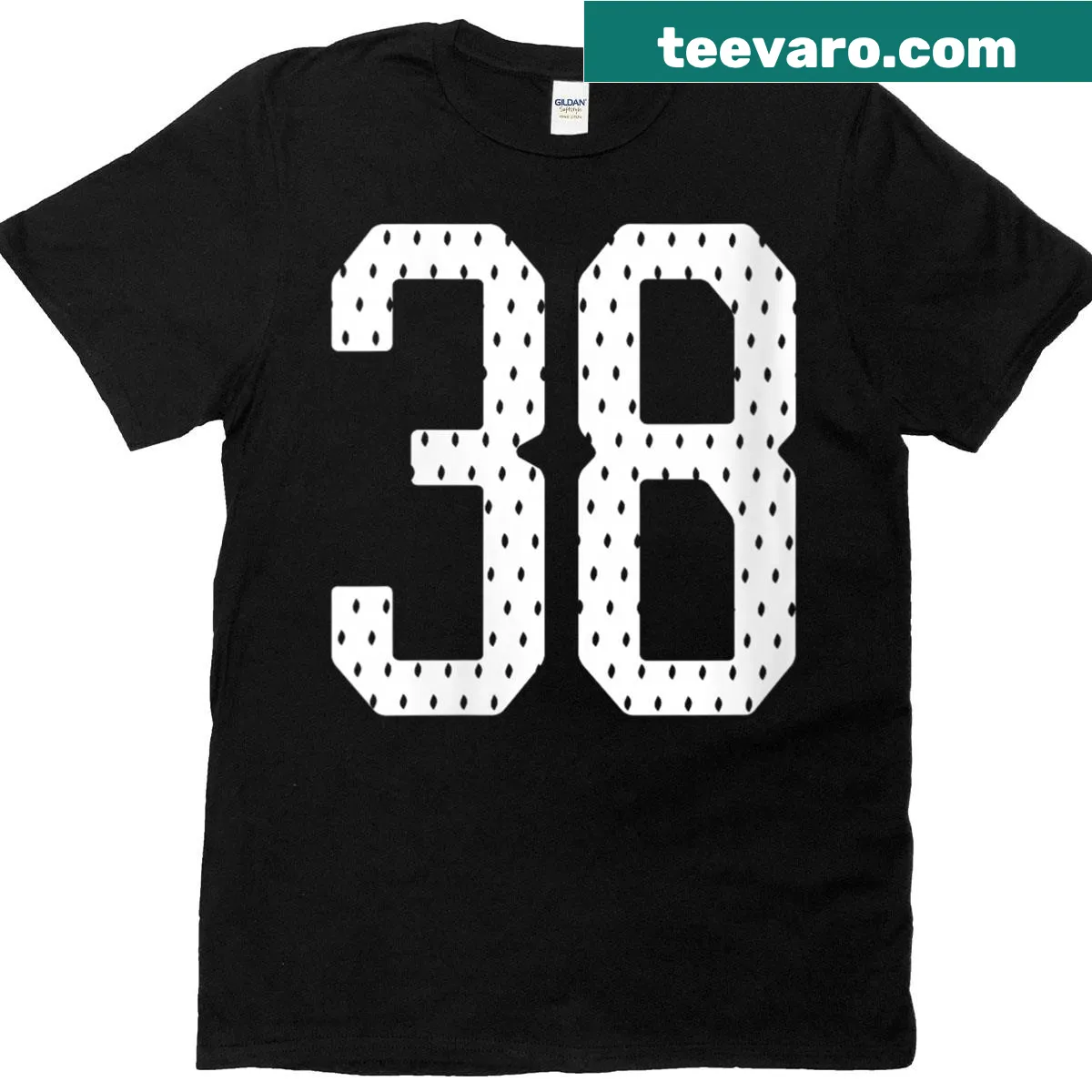 Varsity style birthday T-shirt featuring number 38 — on a men's t-shirt