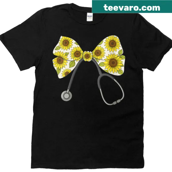 Nursing themed T-shirt with stethoscope and bow illustration.