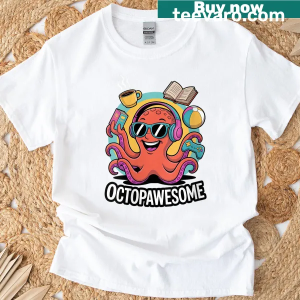 Funny T-shirt with cartoon octopus wearing sunglasses