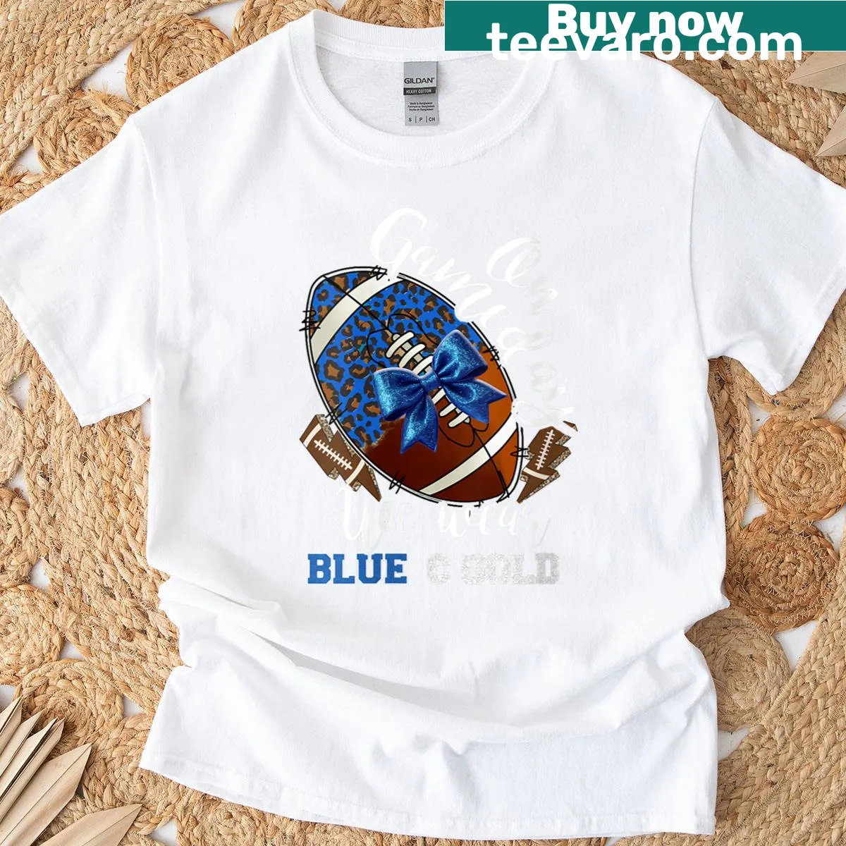 School spirit t-shirt with On Gameday We Wear Blue and Gold text — on a men's t-shirt