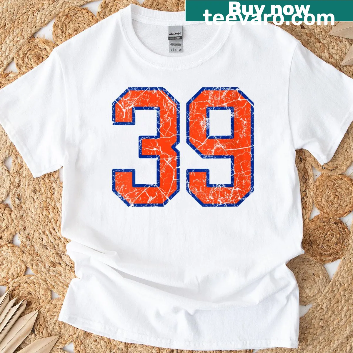 Orange and blue sports jersey T-shirt with number 39 — on a men's t-shirt
