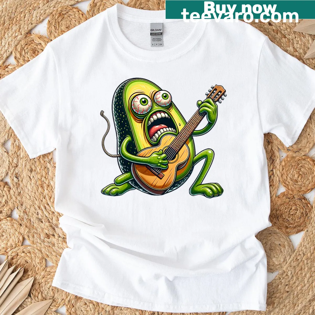 Funny cartoon pickle playing guitar design T-shirt — on a men's t-shirt