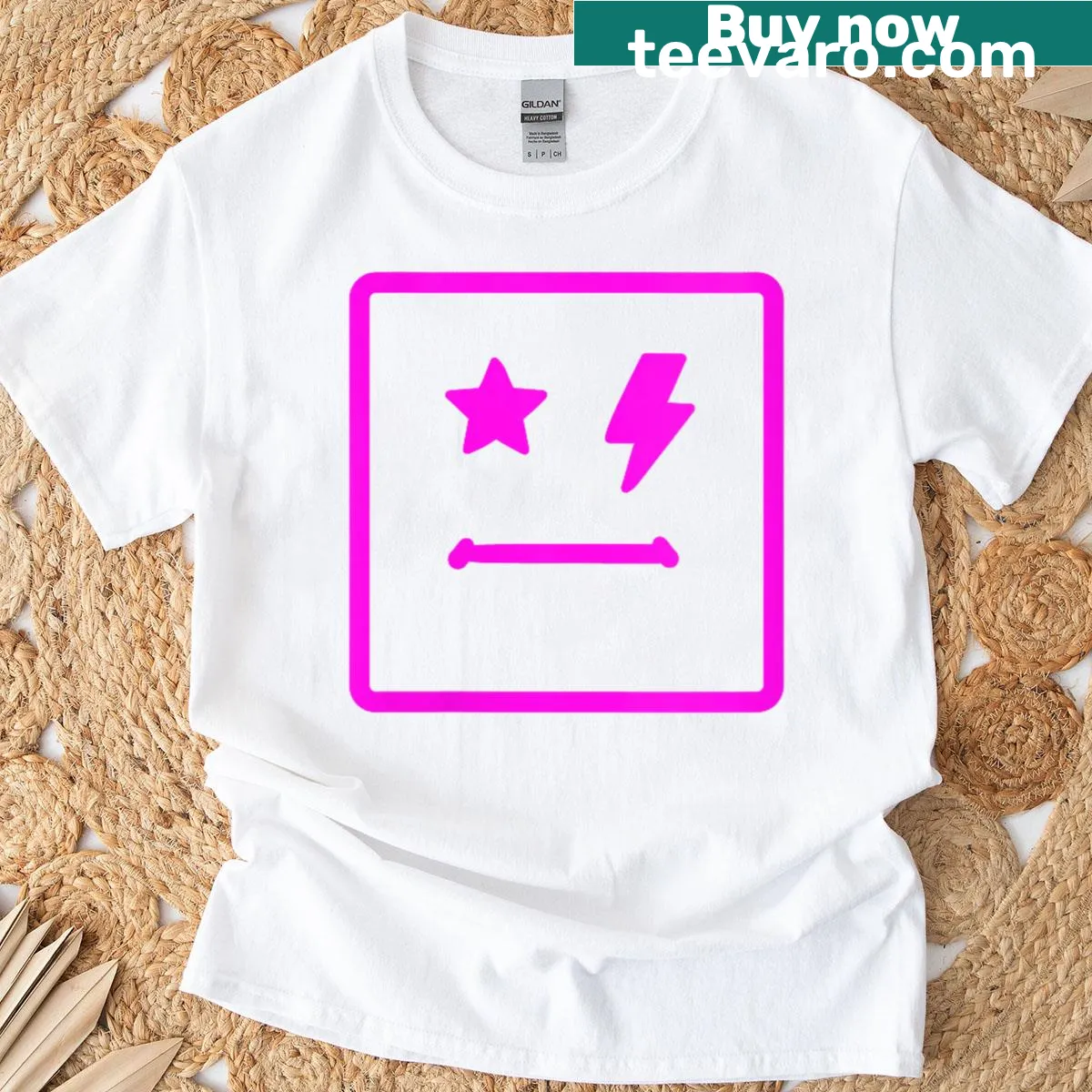 Abstract graphic T-shirt with star and square face design — on a men's t-shirt