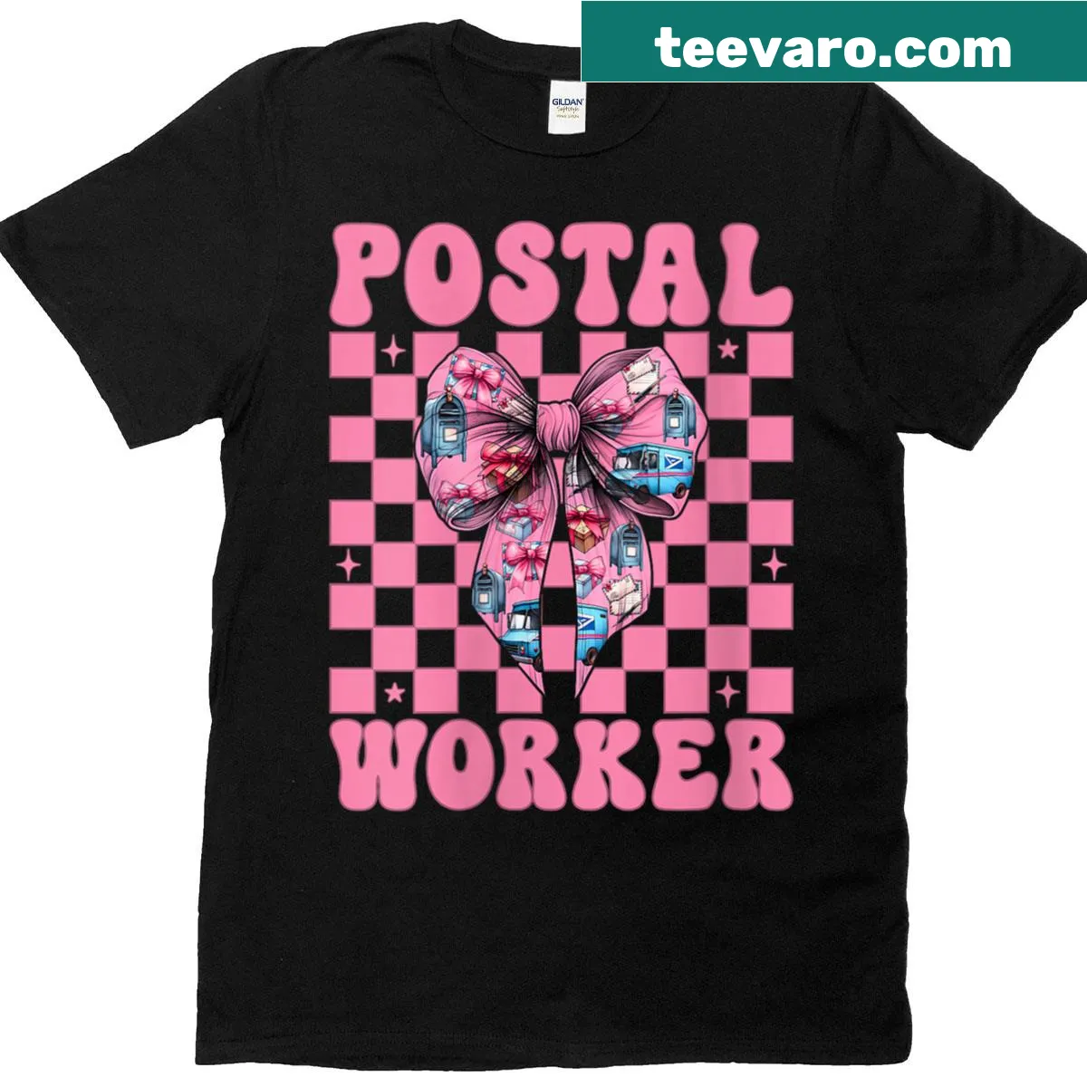 Cute postal worker T-shirt with graphic of mail lady and bow — on a men's t-shirt