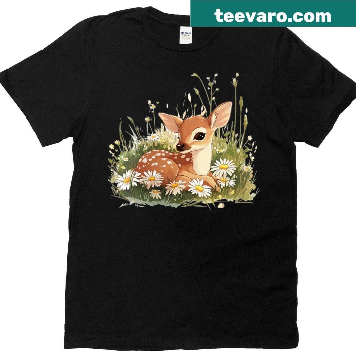Cute T-shirt with fawn and daisies illustration — on a men's t-shirt