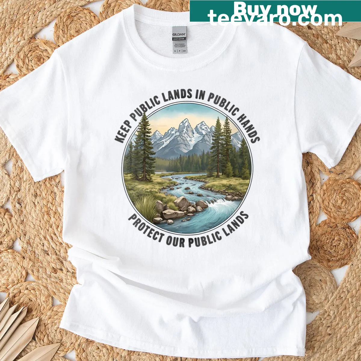 Public lands message graphic T-shirt for women — on a men's t-shirt