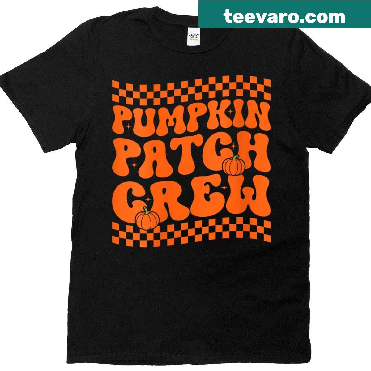 Matching family T-shirt with Pumpkin Patch Crew graphic — on a men's t-shirt