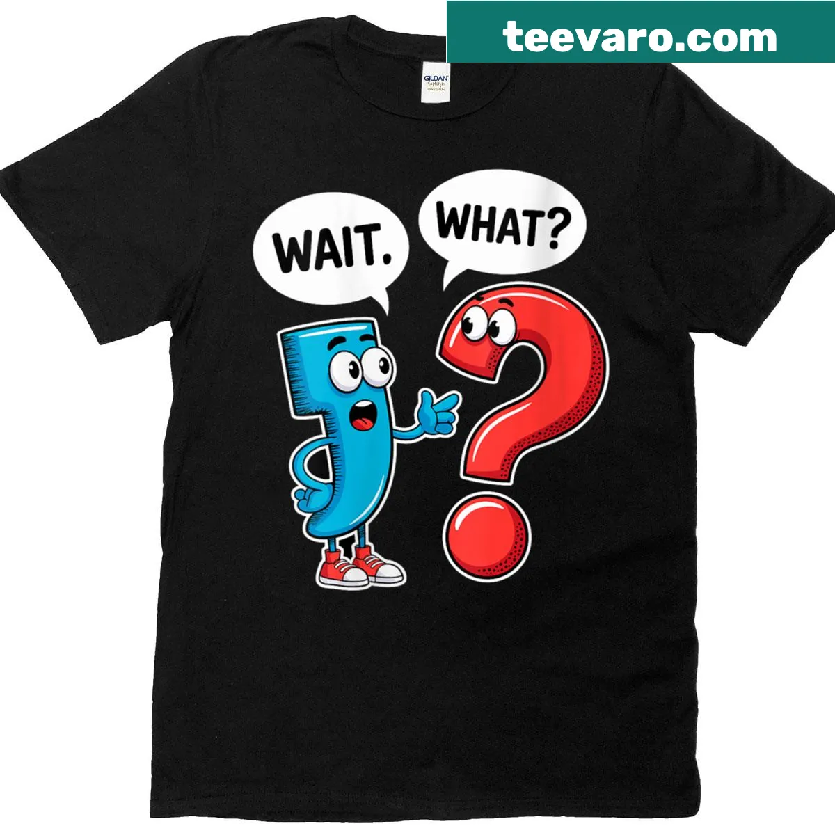 Funny English teacher t-shirt with 'Wait What?' and punctuation marks — on a men's t-shirt