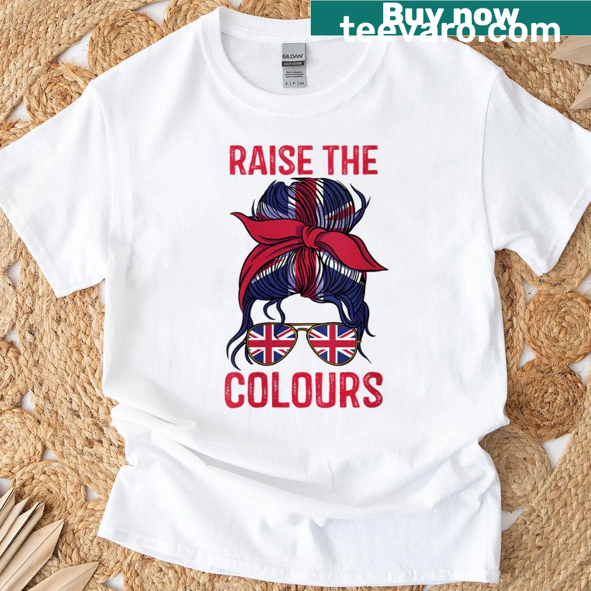 British flag mom bun graphic T-shirt with Union Jack design — on a men's t-shirt