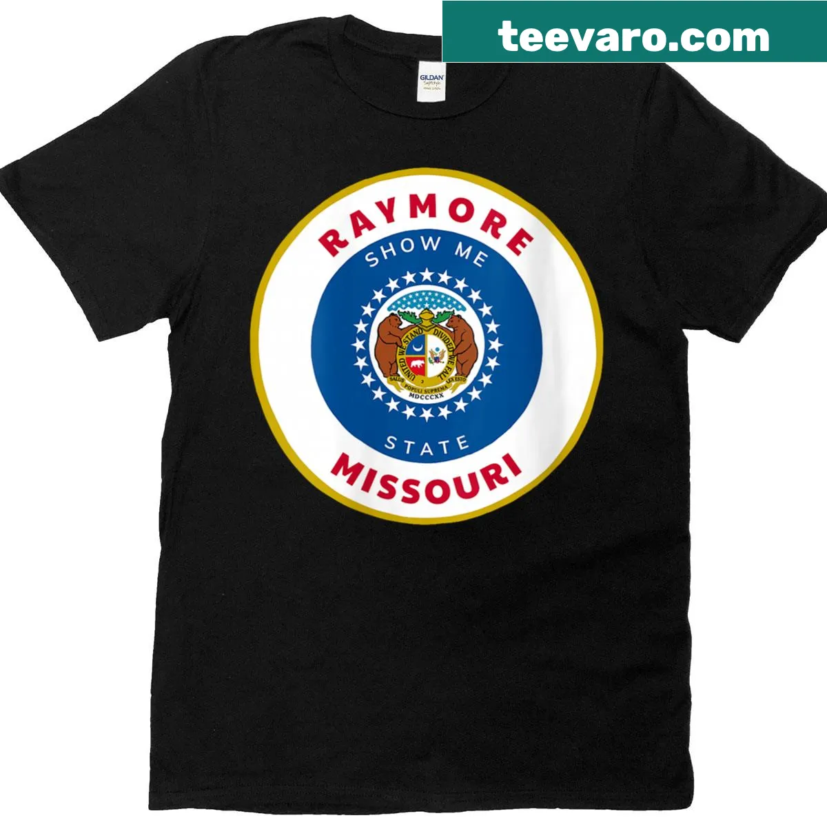 Round badge design of Missouri flag on a souvenir t-shirt — on a men's t-shirt