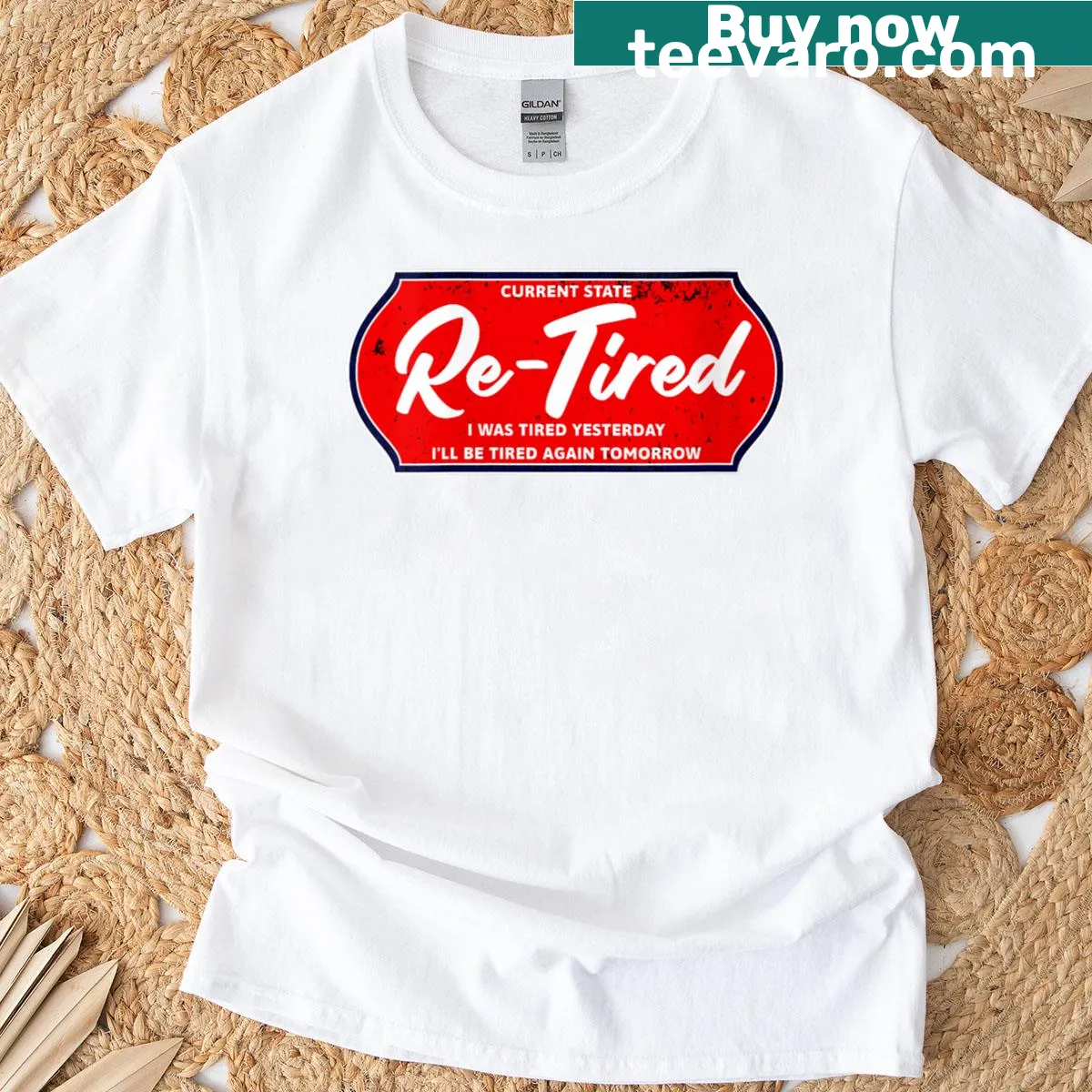 Funny vintage T-shirt saying 'Re-tired' with distressed print — on a men's t-shirt