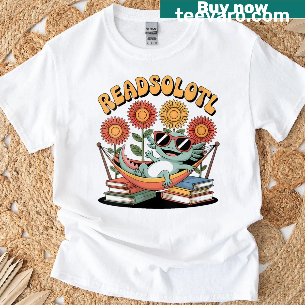 Kawaii T-shirt with an axolotl and floral design for book lovers — on a men's t-shirt