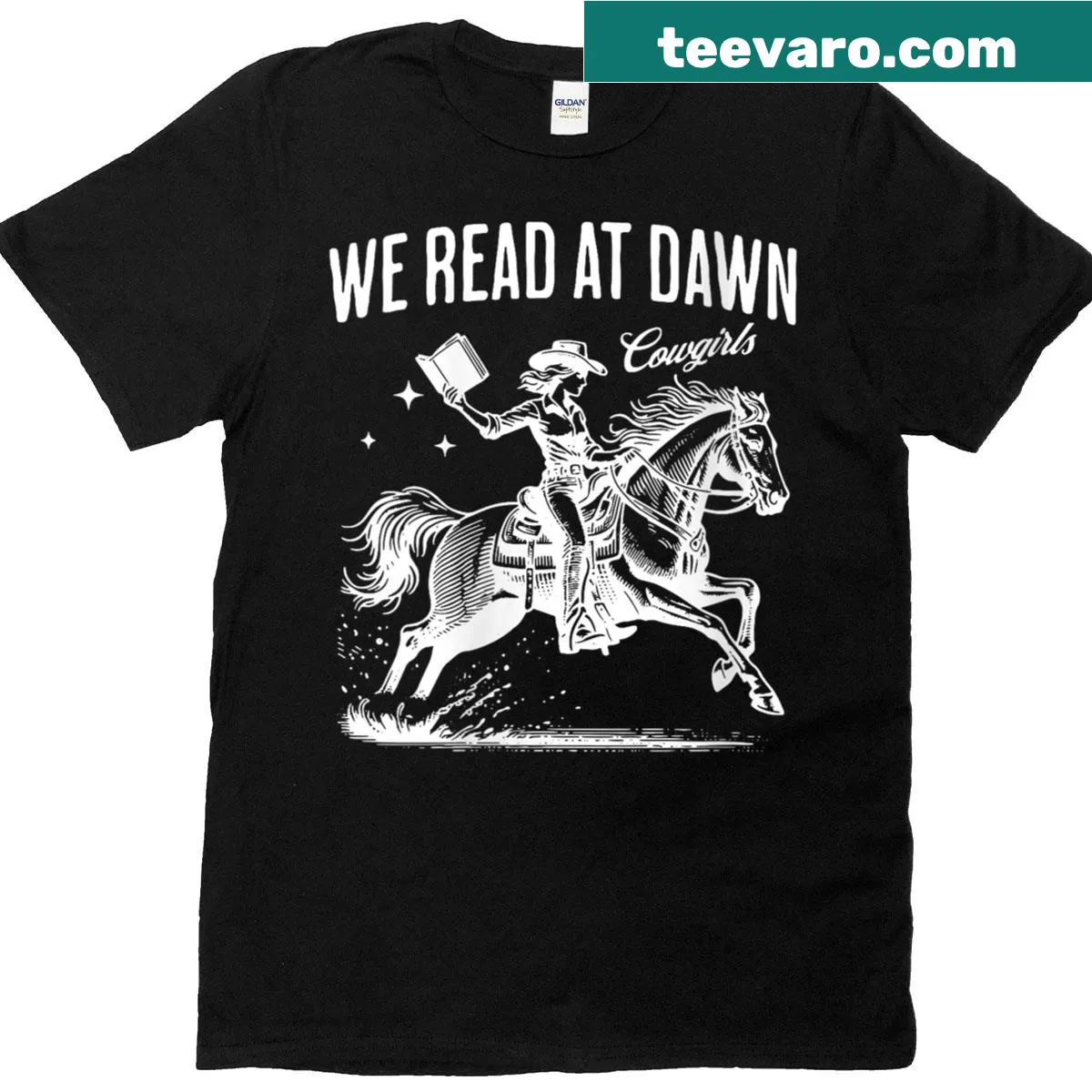 Cowgirl Librarian T-shirt with retro reading theme — on a men's t-shirt
