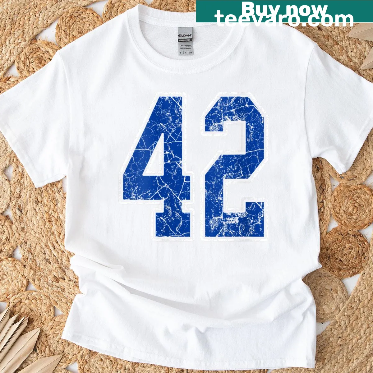 Royal blue jersey t-shirt featuring number 42 — on a men's t-shirt