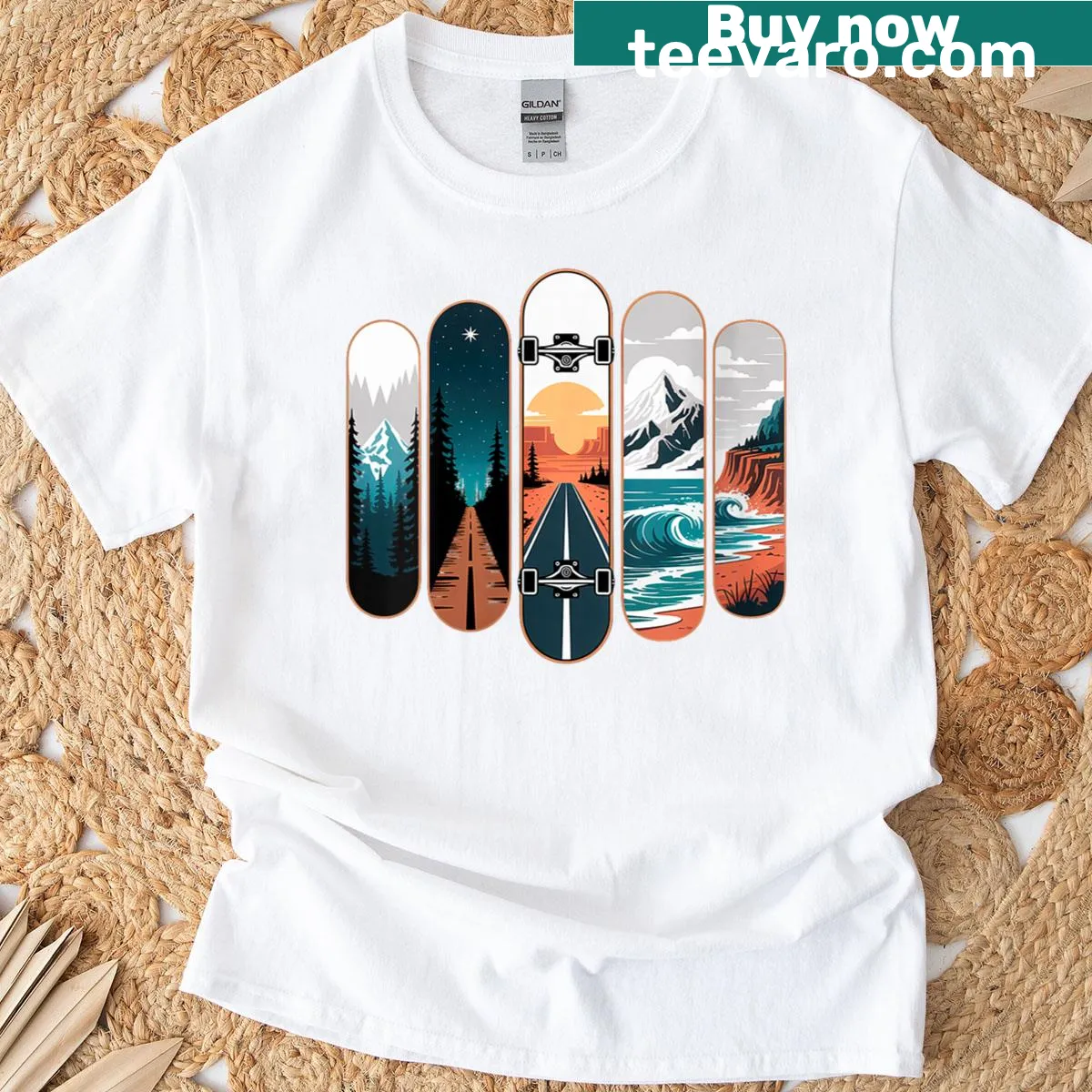 Scenic skateboard deck graphic T-shirt for women — on a men's t-shirt