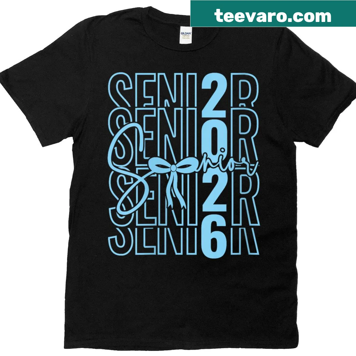 Baby blue graduation T-shirt with bow for Senior 2026 — on a men's t-shirt
