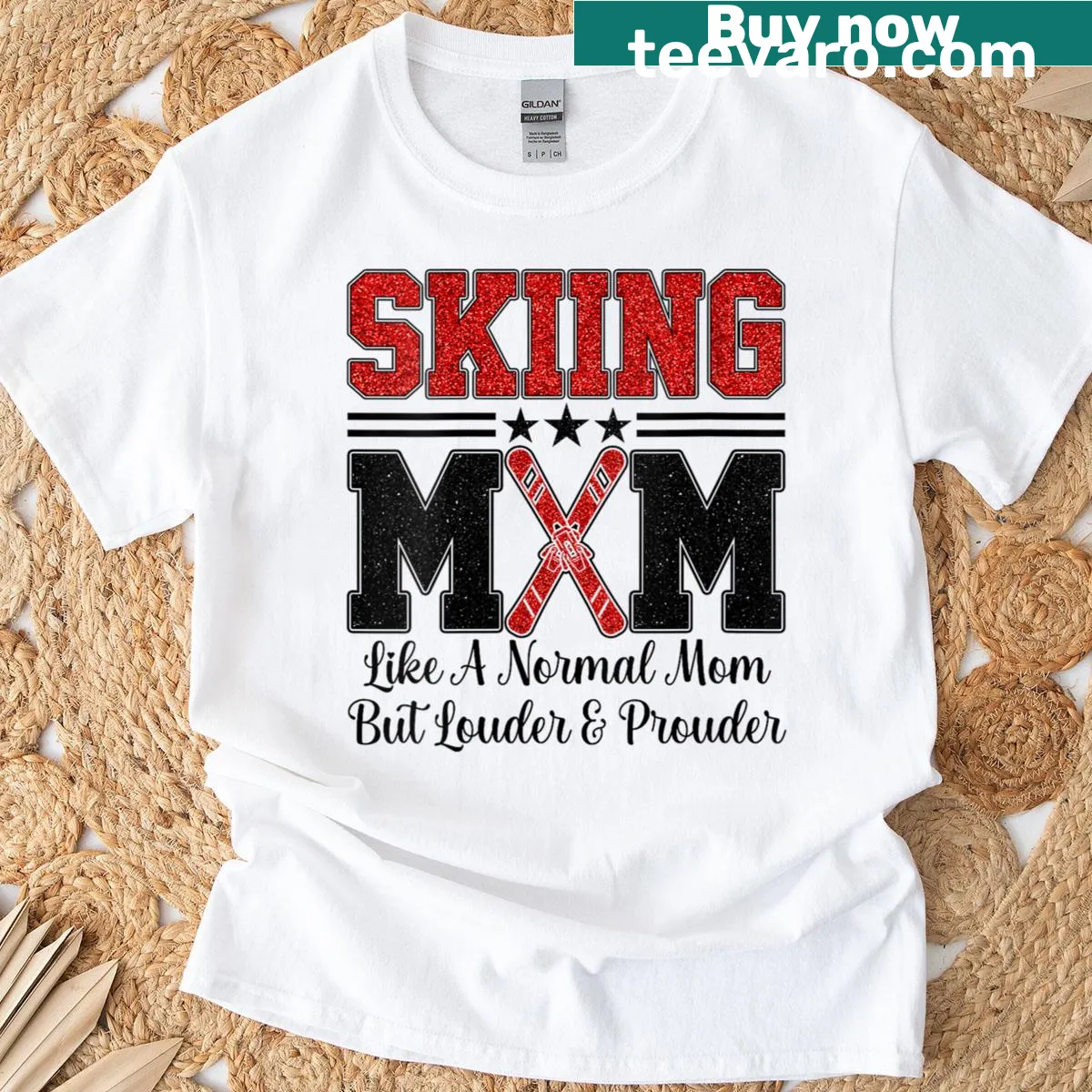 Skiing mom t-shirt with playful graphic text — on a men's t-shirt