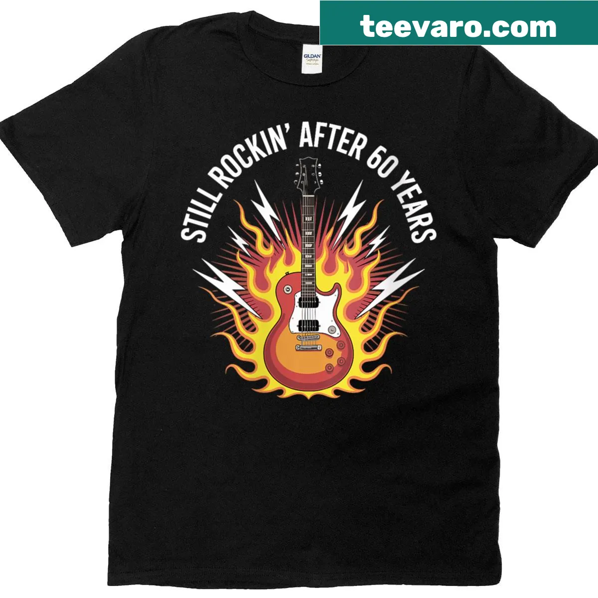 Electric guitar illustration celebrating 60 years of rock music — on a men's t-shirt
