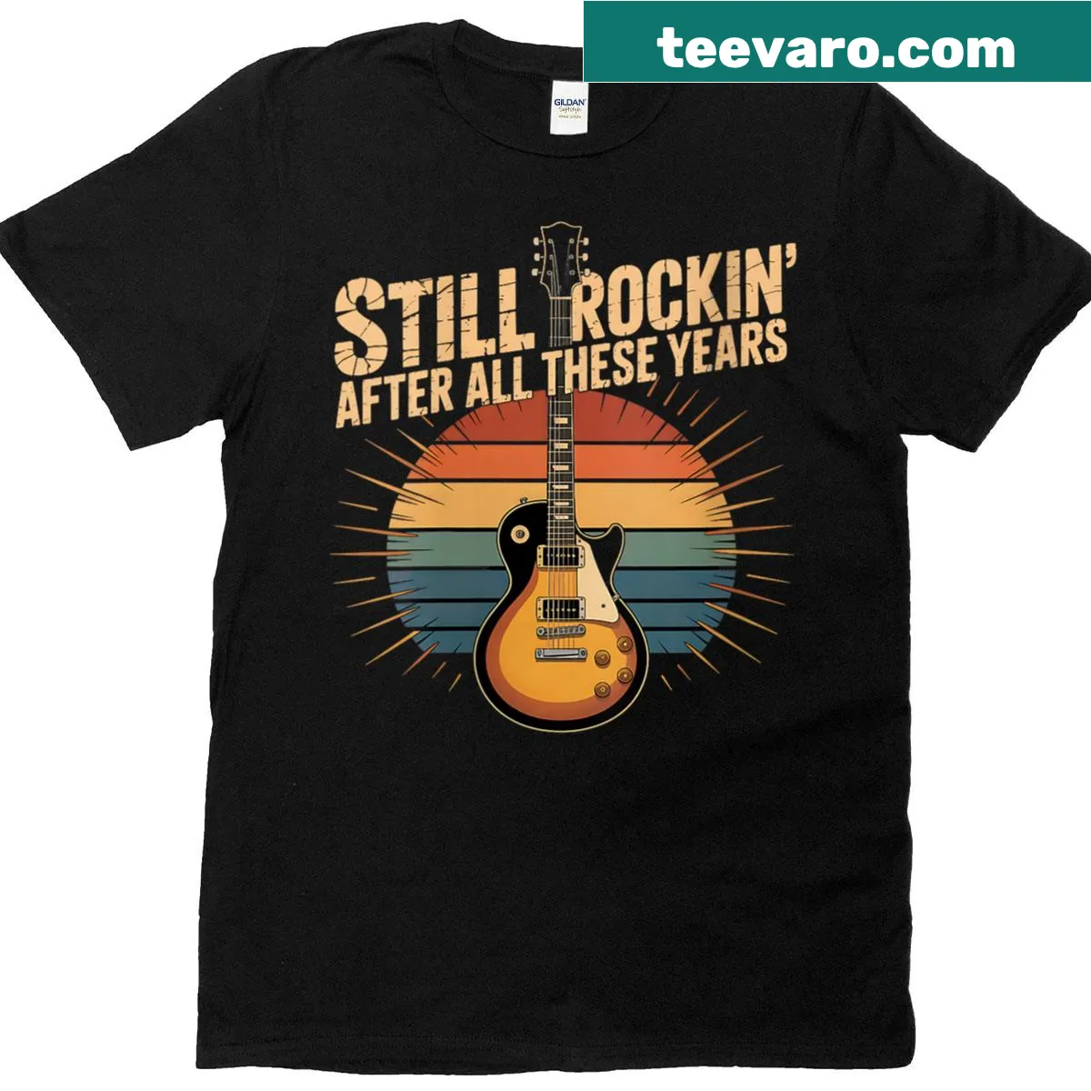 Rock and roll t-shirt with guitar graphic and nostalgic text — on a men's t-shirt