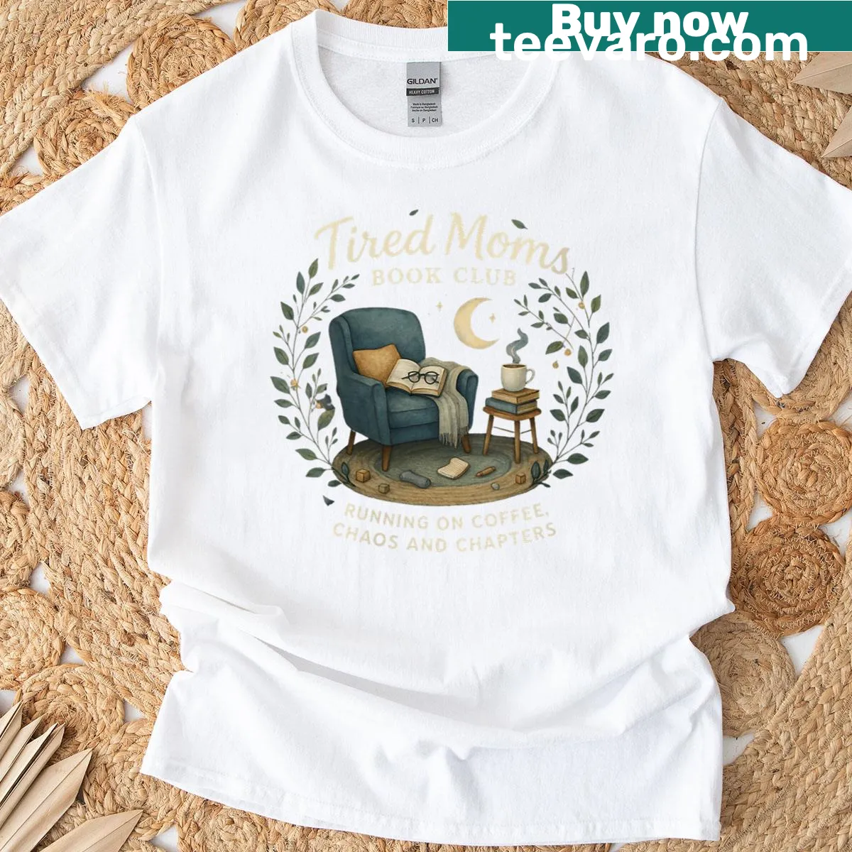 Funny design for tired moms about books and coffee chaos — on a men's t-shirt