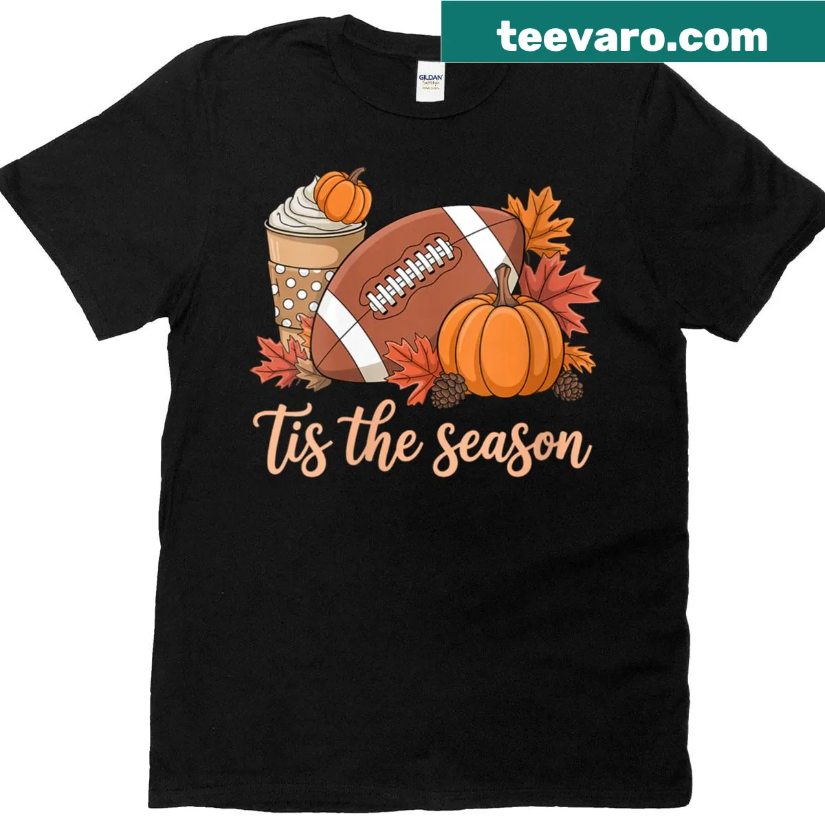 Fall-themed T-shirt with pumpkin spice and football graphics — on a men's t-shirt