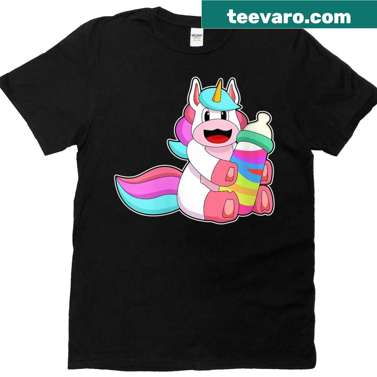 Cute unicorn and baby bottle graphic t-shirt — on a men's t-shirt
