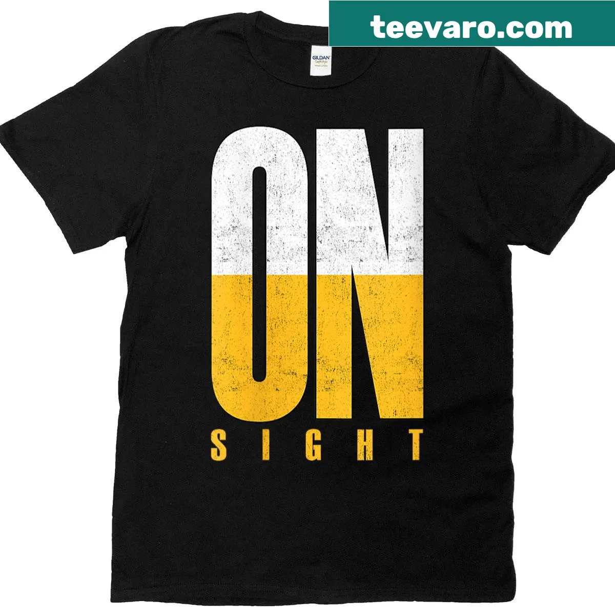 University Varsity T-shirt with On Sight design — on a men's t-shirt