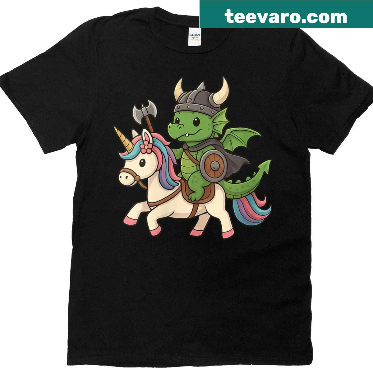 Illustrated Viking dragon riding a unicorn on a t-shirt — on a men's t-shirt