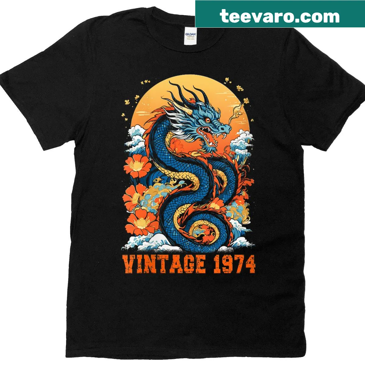 Vintage 1974 dragon graphic T-shirt for 50th birthday — on a men's t-shirt