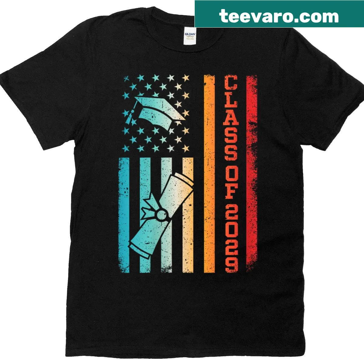 Vintage Class of 2029 graduation t-shirt with USA flag design — on a men's t-shirt