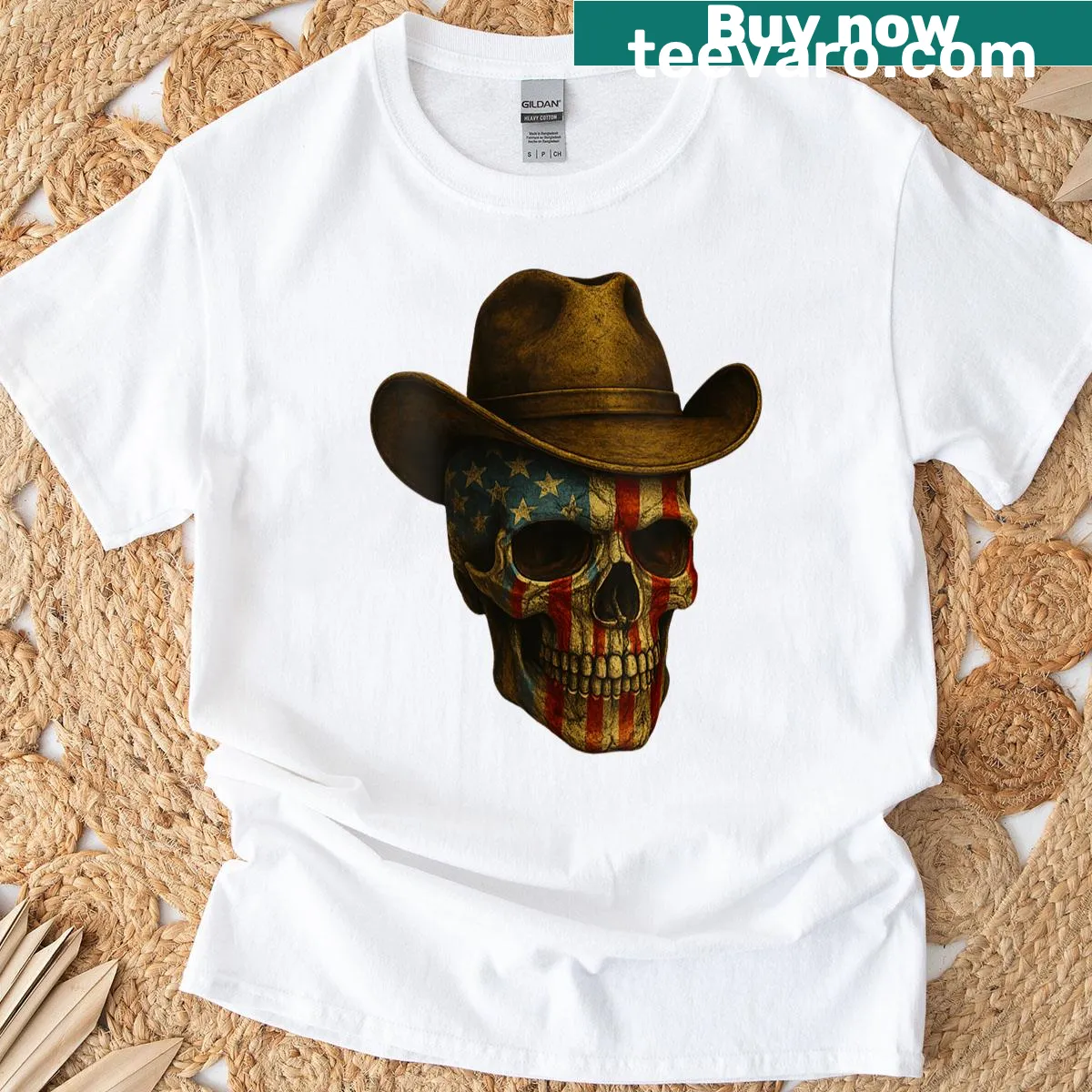 Vintage cowboy skull T-shirt with patriotic design — on a men's t-shirt
