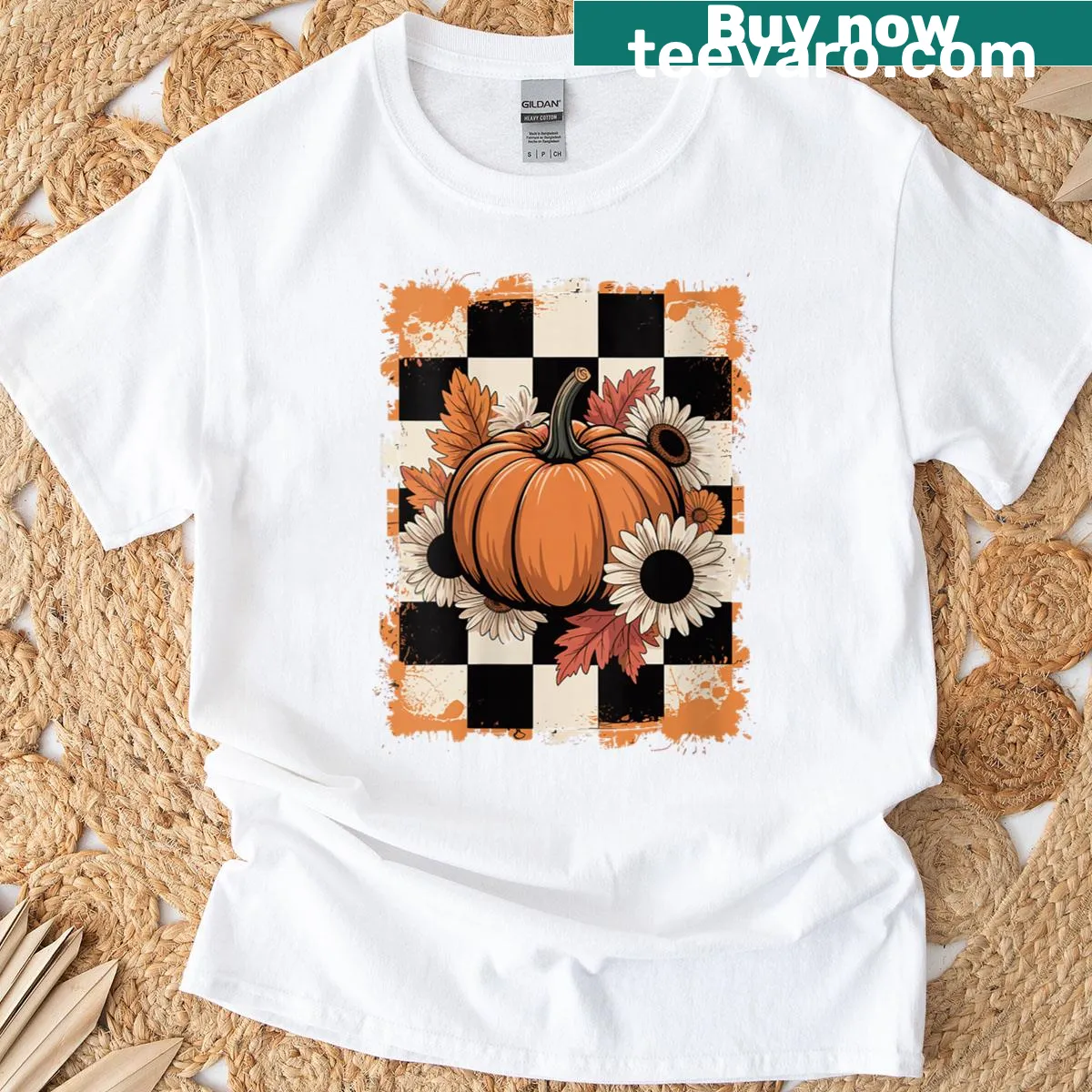 Vintage Thanksgiving-themed T-shirt with pumpkins and flowers — on a men's t-shirt