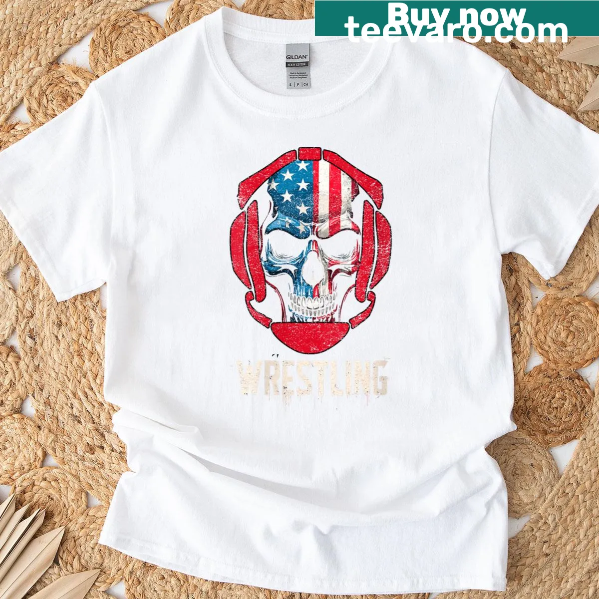 Wrestling-themed T-shirt with USA flag skull graphic — on a men's t-shirt