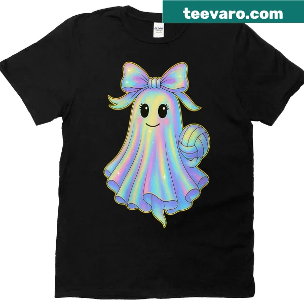 Halloween T-shirt for women with volleyball ghosts and coquette bow